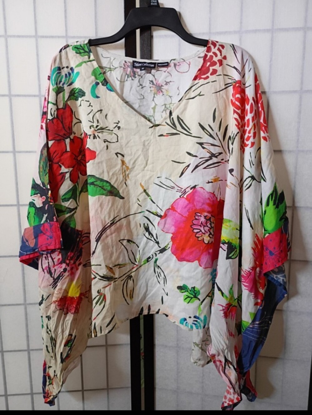 Tolani Floral V-Neck Tunic in White with Pink & Green Accents